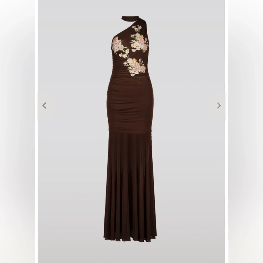 Anthropologie SAEMDI chocolate brown embroidered floral w neck scarf maxi large - Picture 5 of 16